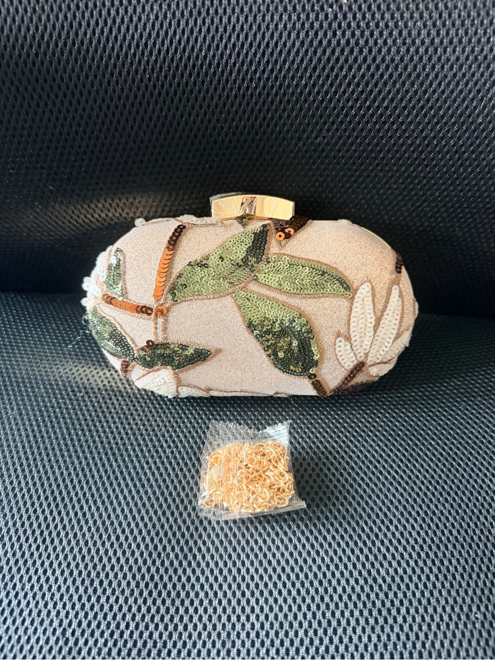 Embroidered Sequin Leaf Evening Clutch in Blush